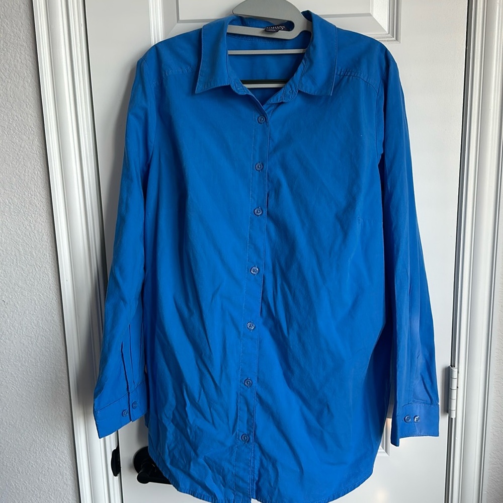 Plus size women’s long sleeve button up collared shirt.